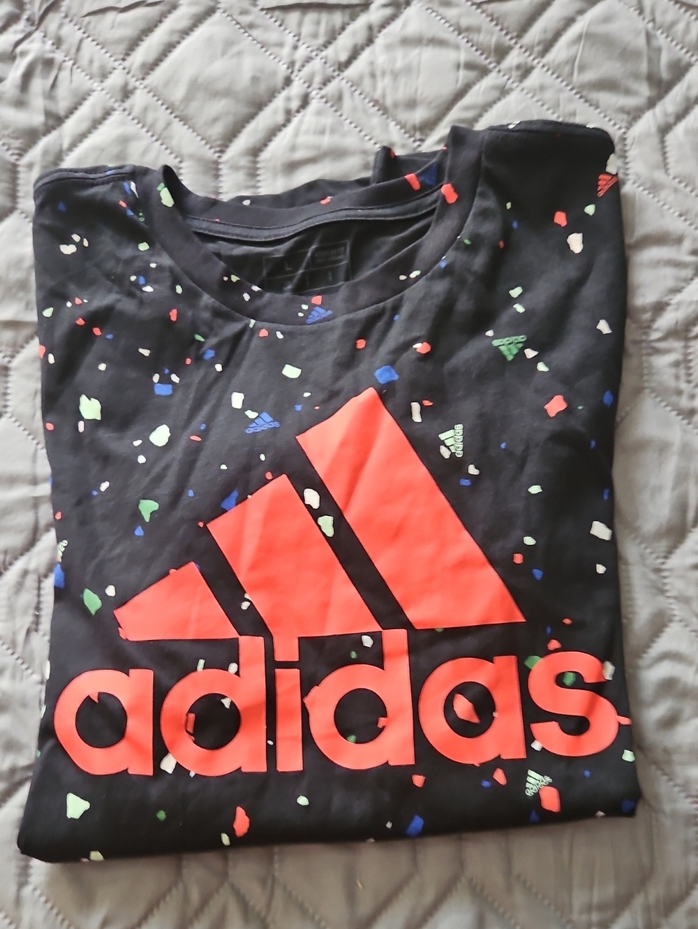 adidas Black Short-Sleeve Tee with Red Logo and Multicolor Confetti